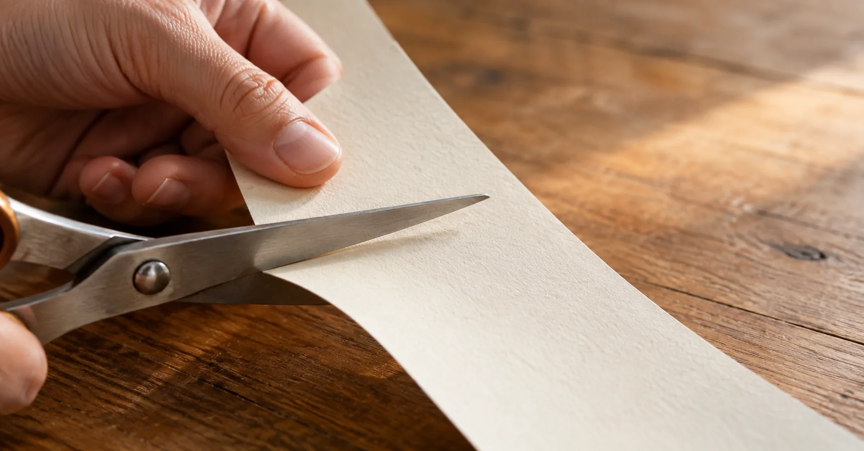 Primer plano de una mano recortando papel con unas tijeras.