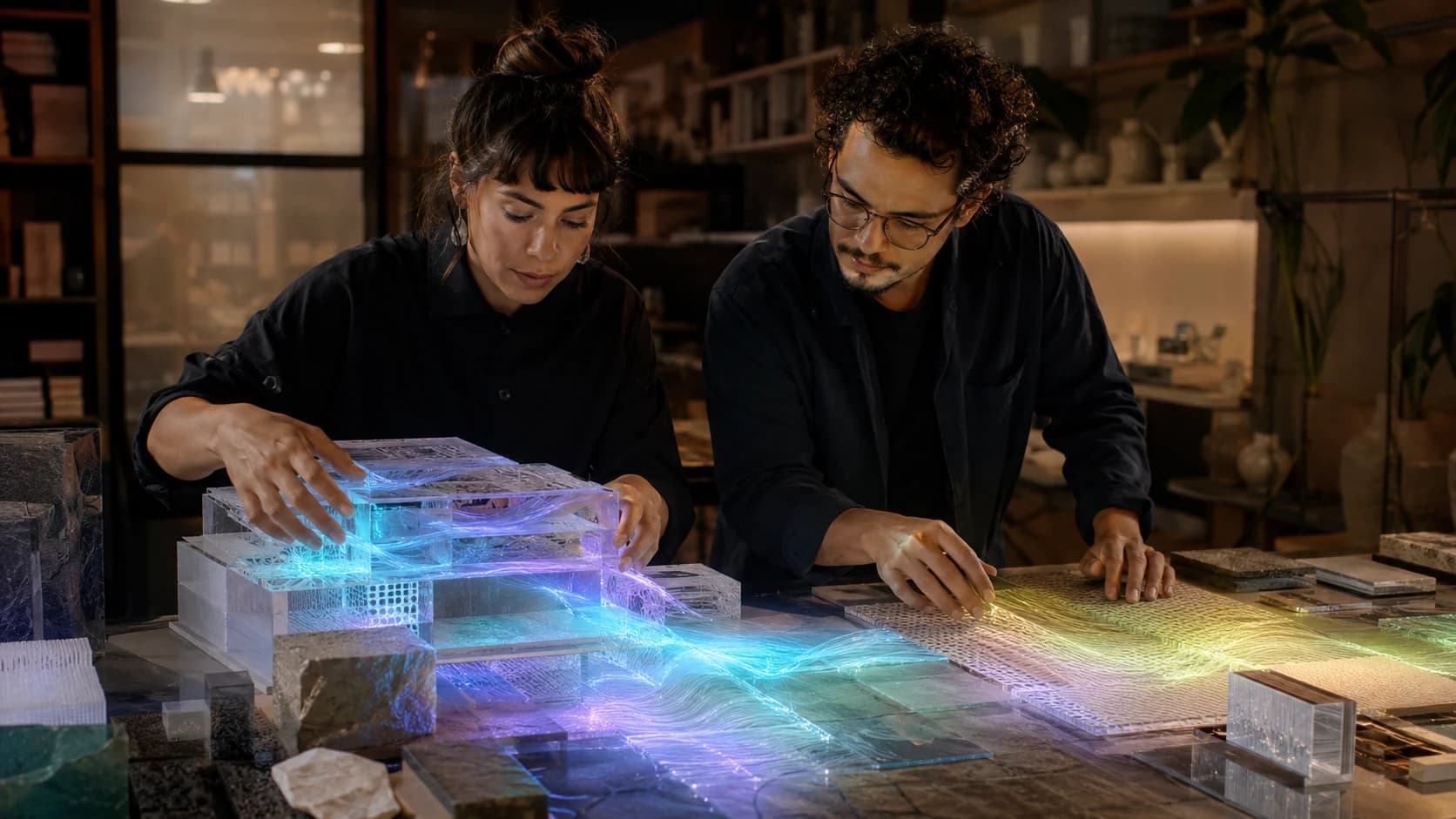Latin American professionals exploring a new intelligence in a creative laboratory