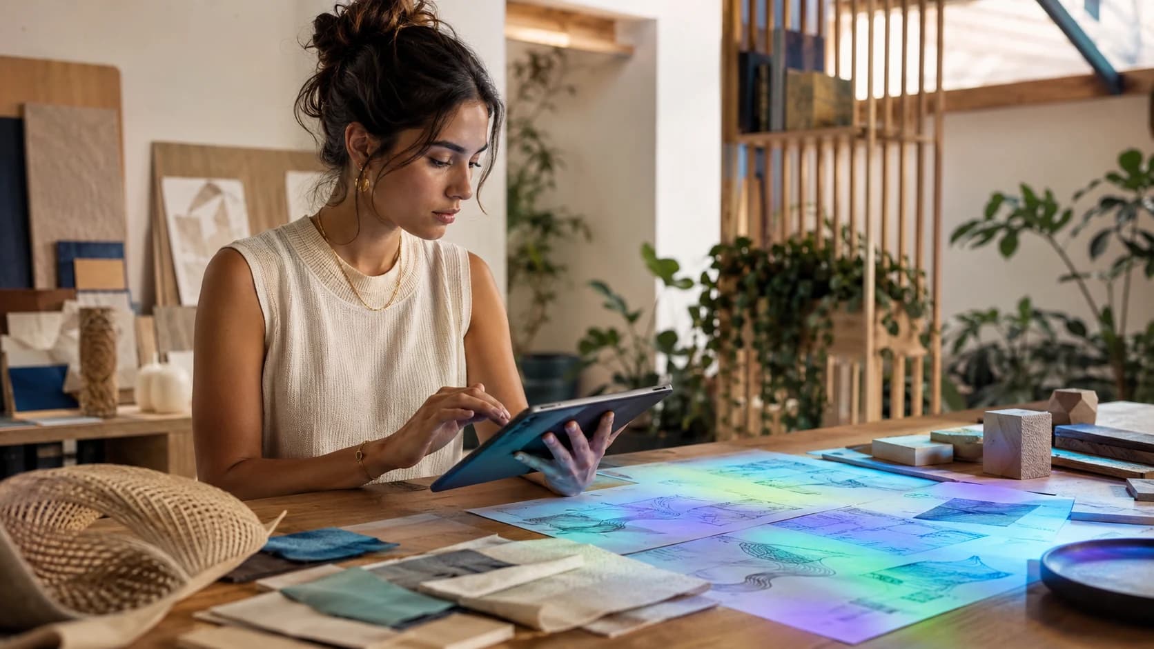 Latin American creative professional amplifying her work with a luminous artificial intelligence layer