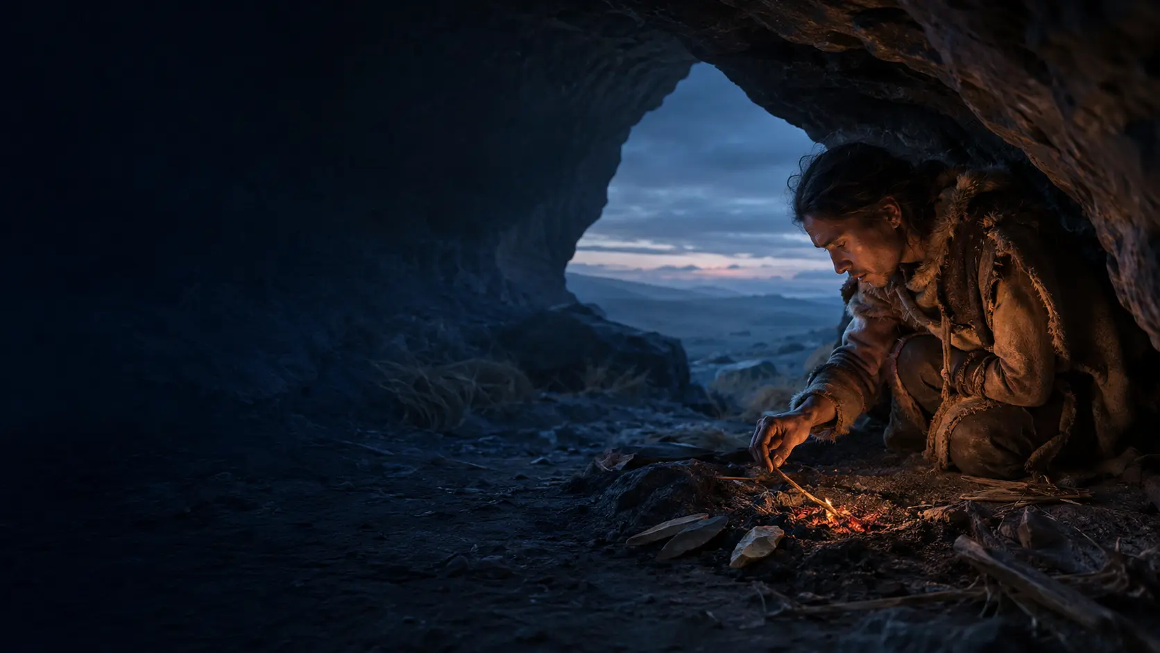 Persona prehistórica protegiendo las últimas brasas durante el amanecer en un refugio de piedra