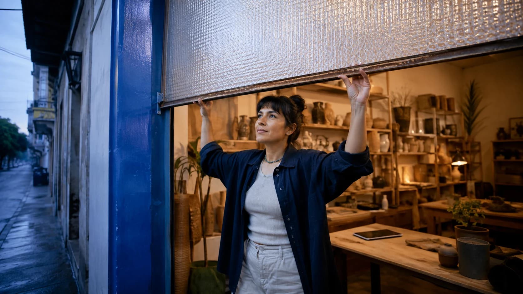 Emprendedora latinoamericana abriendo su espacio de trabajo con tecnología a su servicio