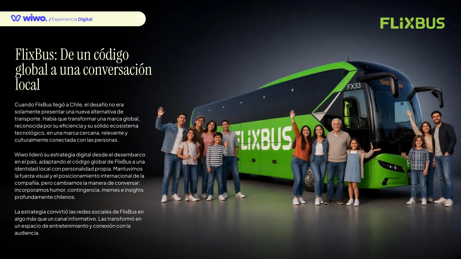 Presentación del caso FlixBus con un bus verde, el equipo y la narrativa local