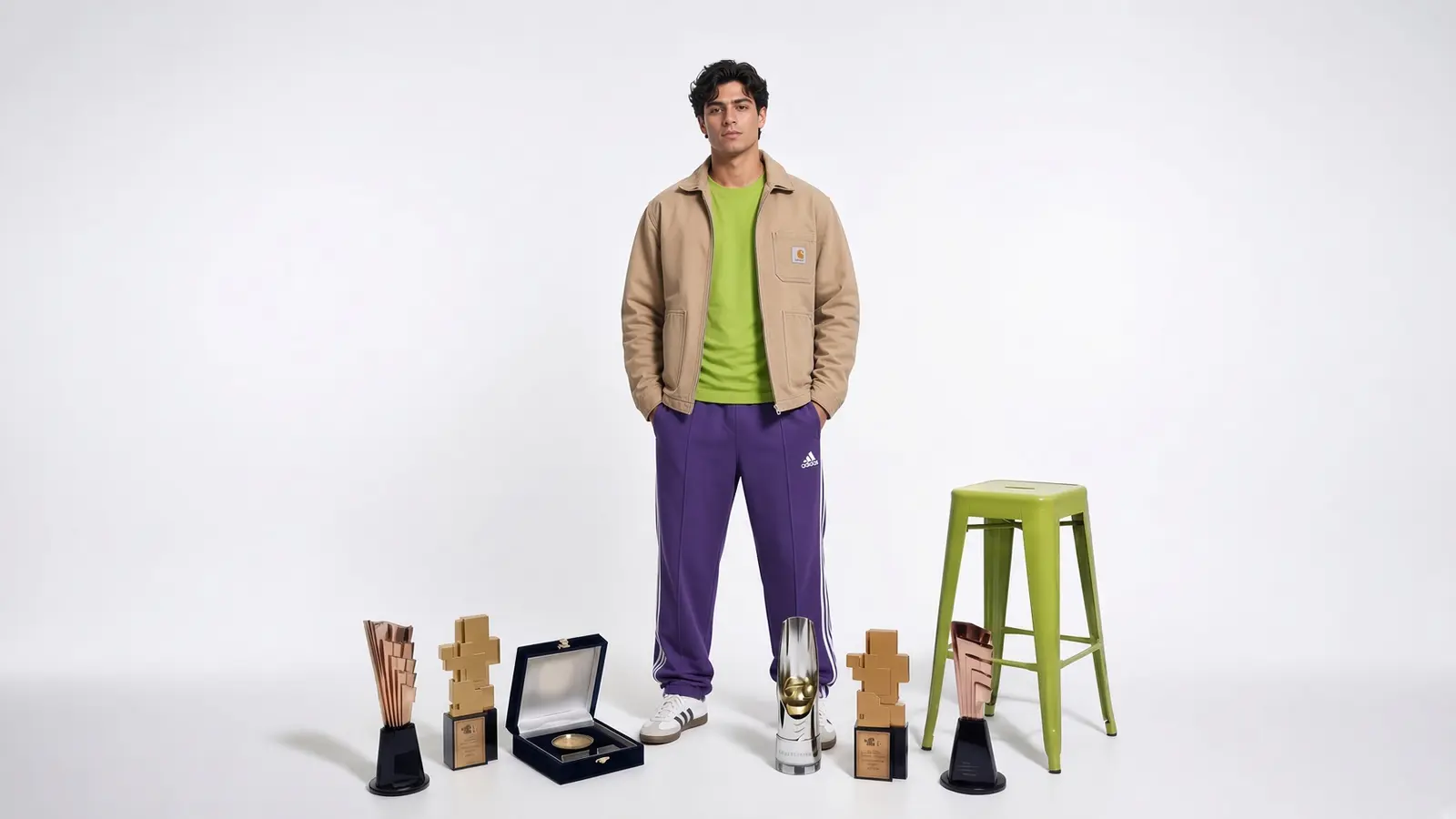 Integrante del equipo de Wiwo junto a reconocimientos y premios creativos