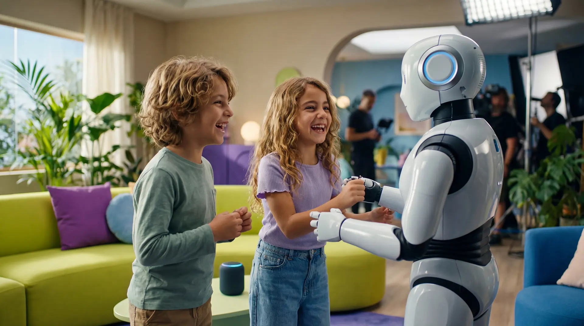 Niña y niño interactuando con una interfaz robótica en un espacio creativo