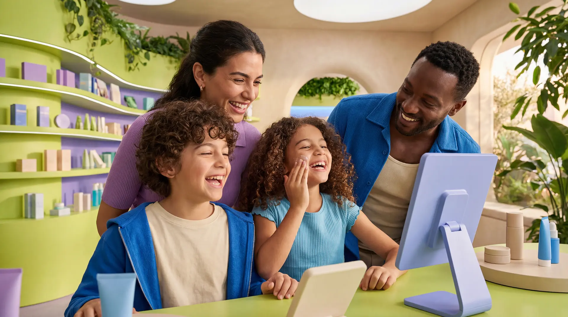 Familia explorando productos y contenido digital en conjunto