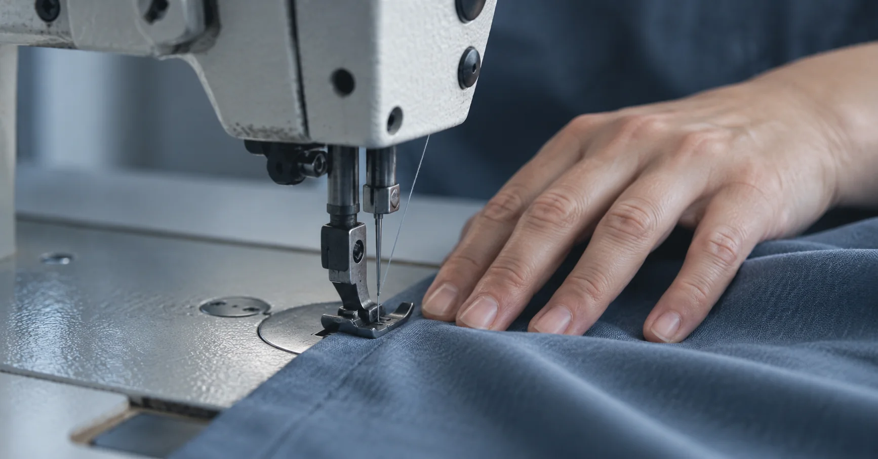 Una mano guía una tela azul a través de una máquina de coser.