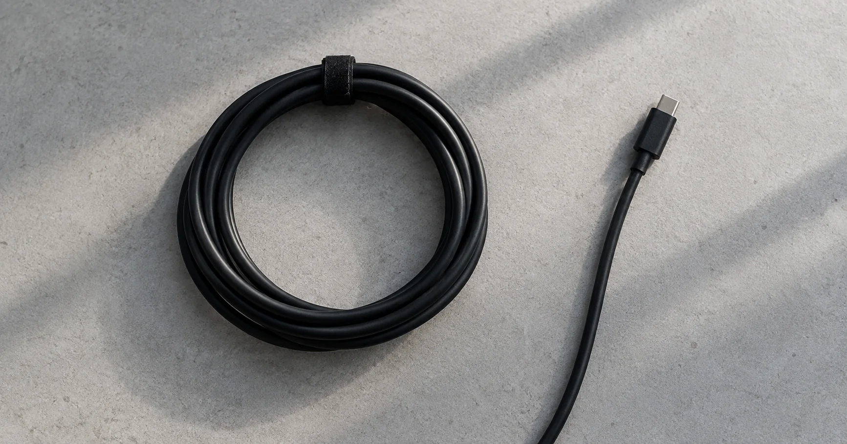 Un cable negro ordenado sobre una superficie gris con luz lateral.