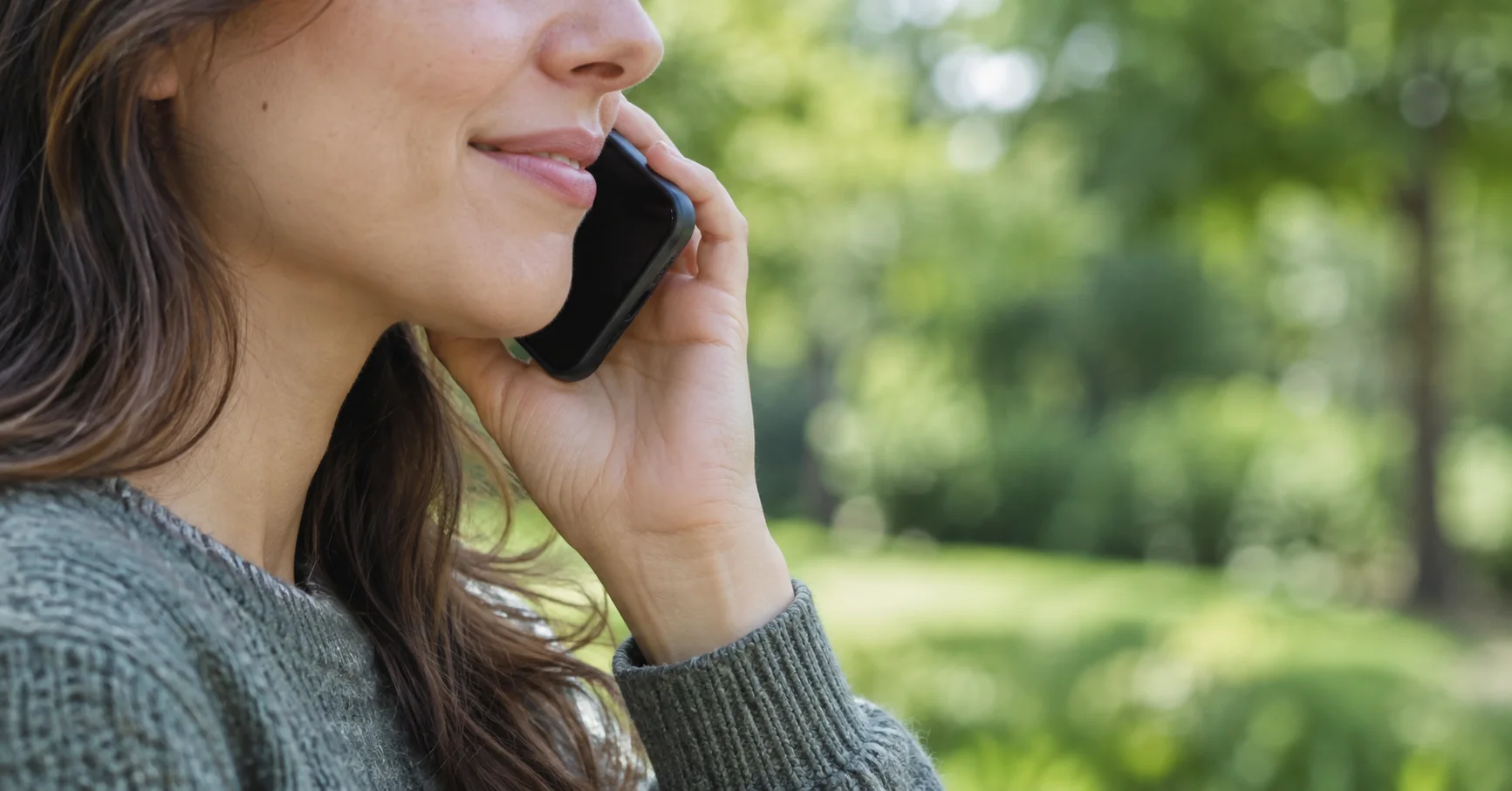 Una persona sostiene un teléfono durante una conversación al aire libre.