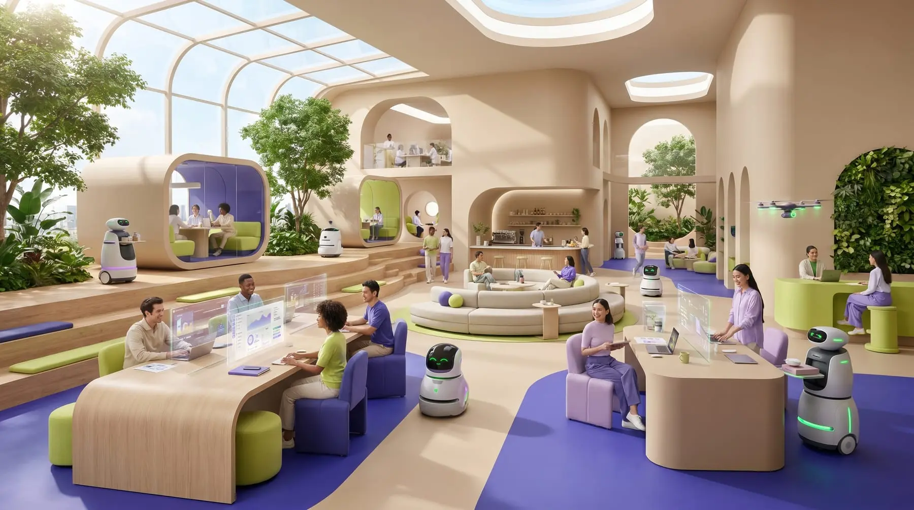 Equipos diversos colaborando en un espacio biophilic con robots y drones — humanidad amplificada en 2030