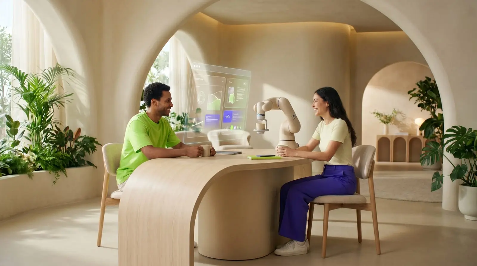 Pareja trabajando con interfaz holográfica y brazo robótico en espacio biophilic