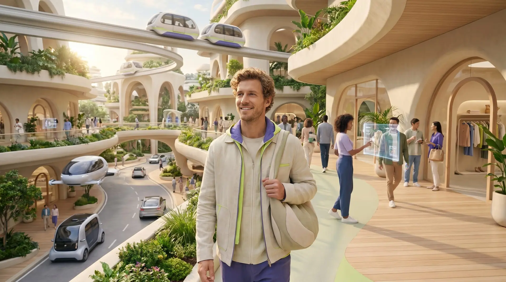 Ciudad biophilic latinoamericana al atardecer con monorail e infraestructura orgánica