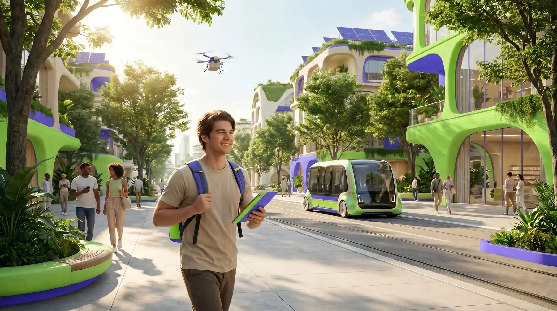 Ciudadano caminando por una ciudad biophilic latinoamericana en 2030, con drone, shuttle y arquitectura orgánica