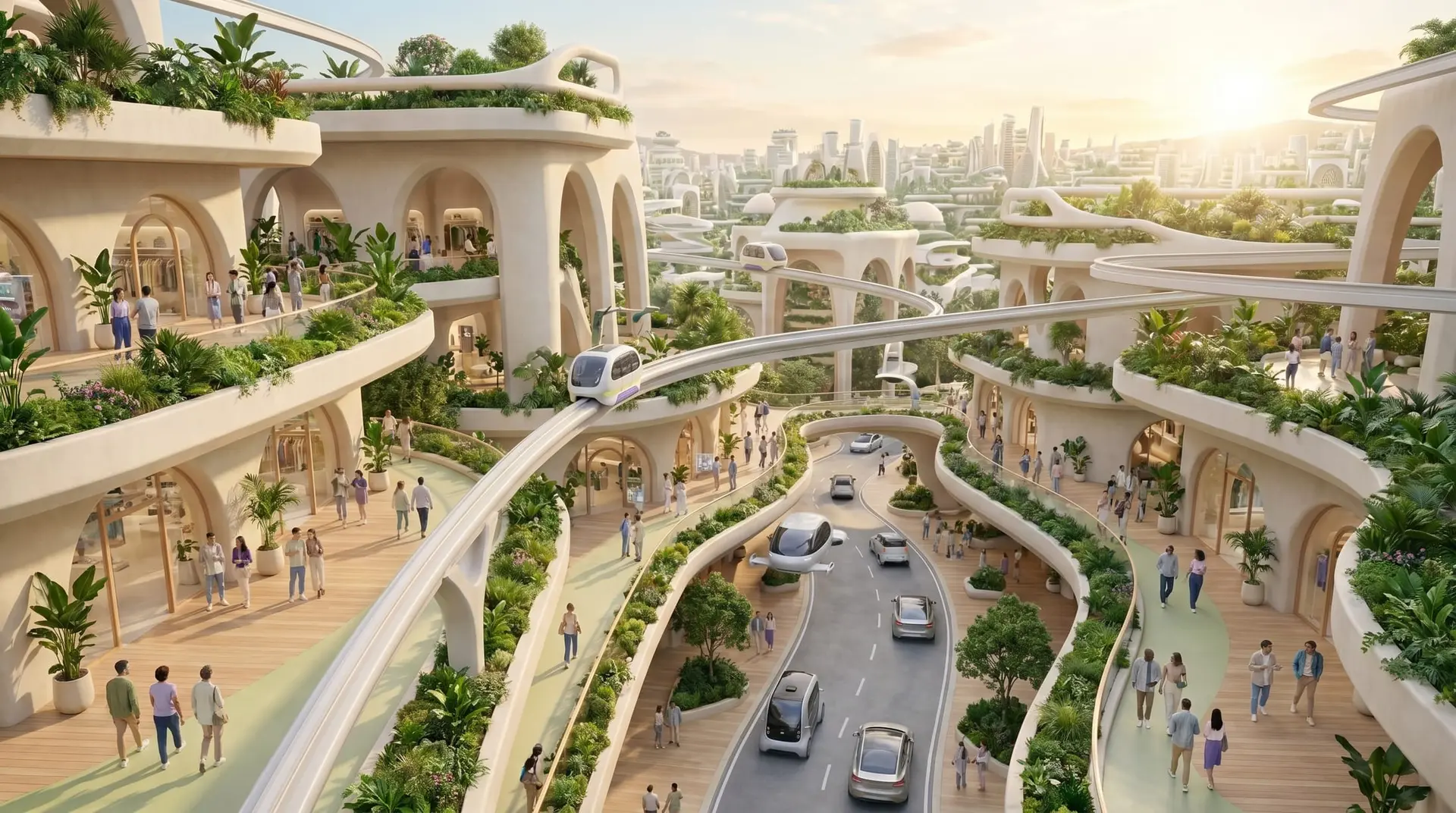 Ciudad biophilic latinoamericana al atardecer en 2030 — visión Wiwo