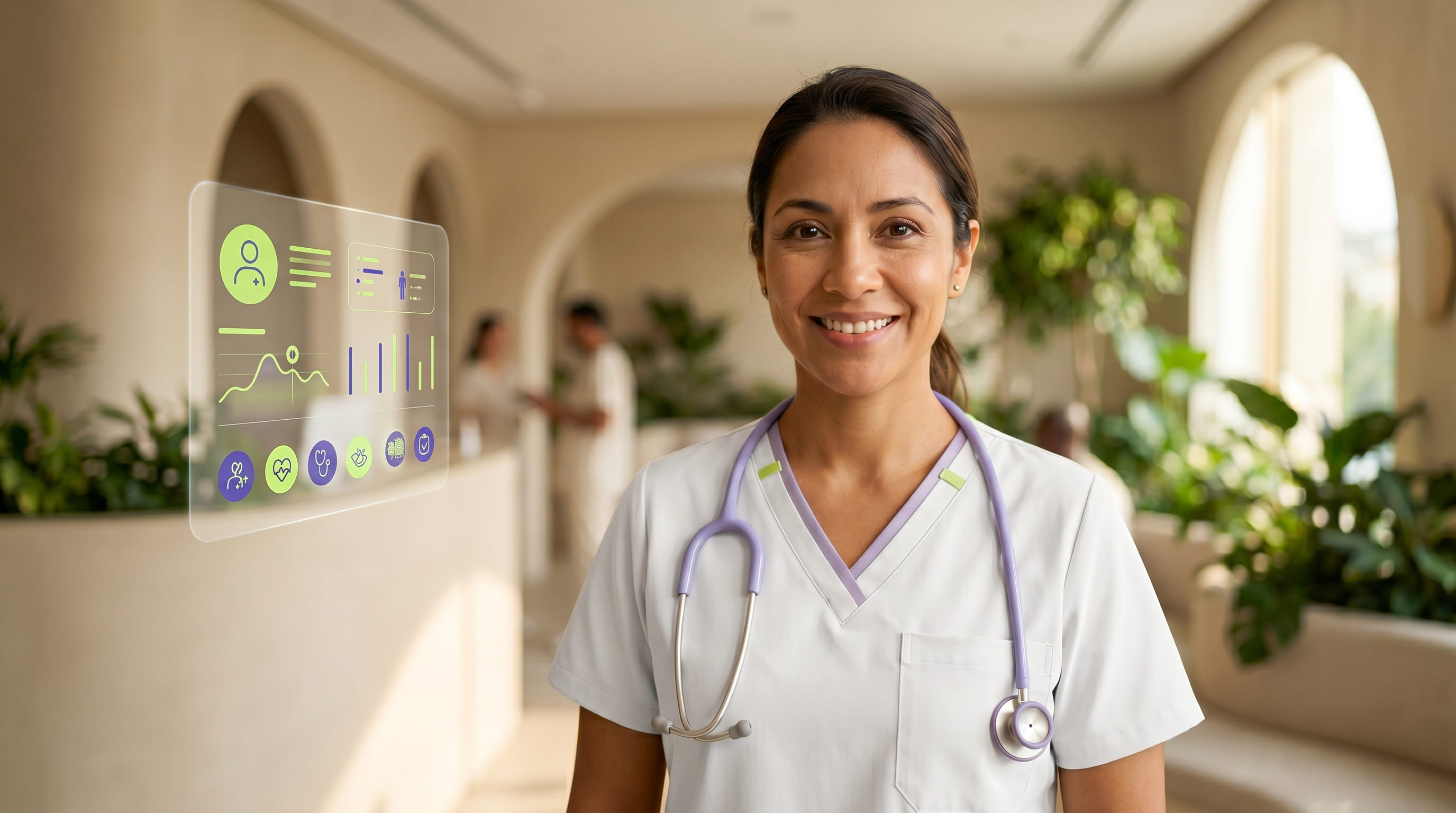 Doctora con dashboard de Wiwo Health en consulta moderna