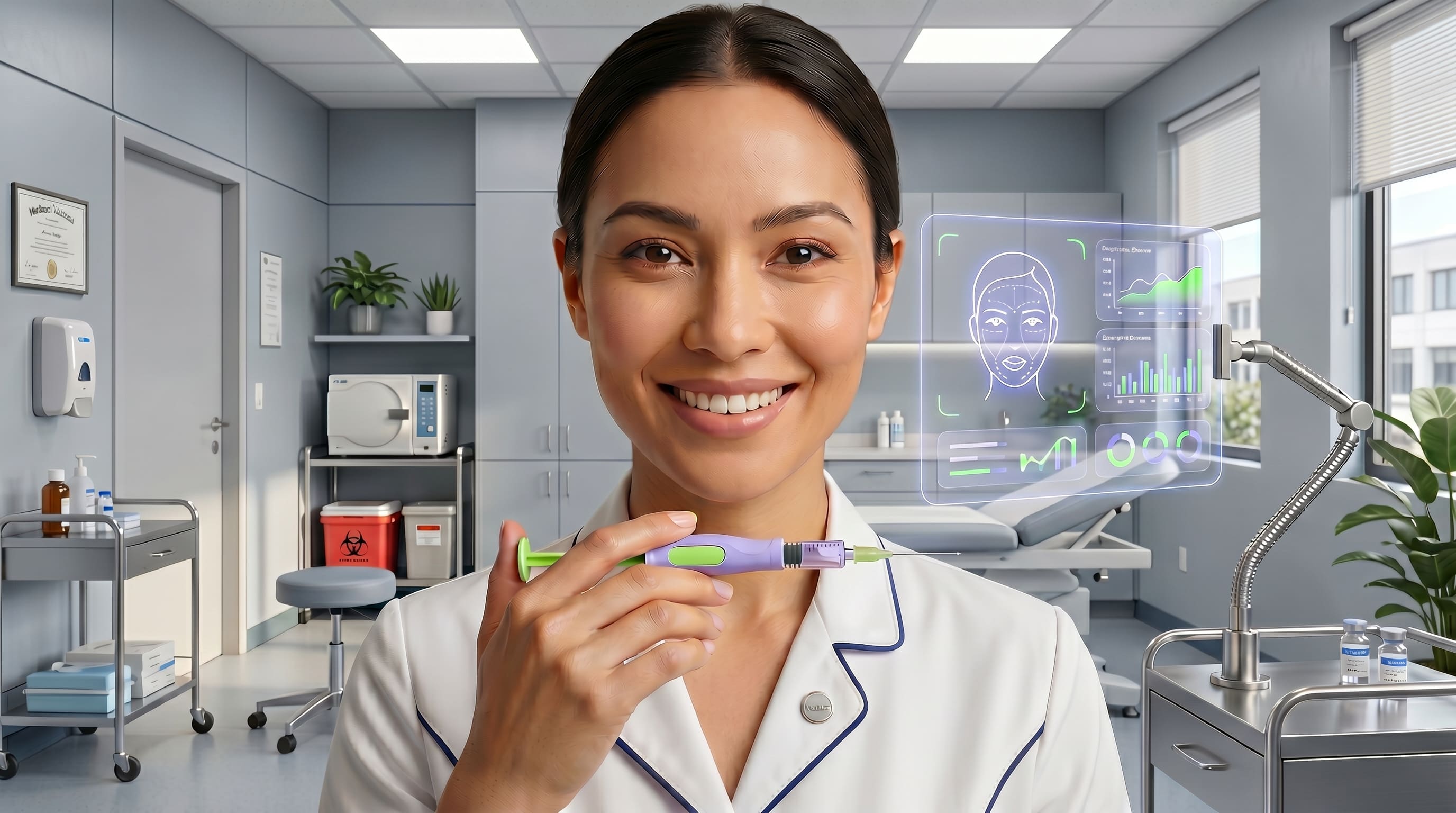 Doctora estética con herramienta de aplicación — Wiwo Health para clínicas estéticas
