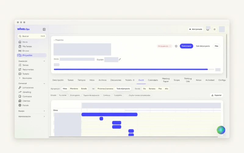 Planificación de un proyecto en la vista Gantt de Wiwo.Ops.