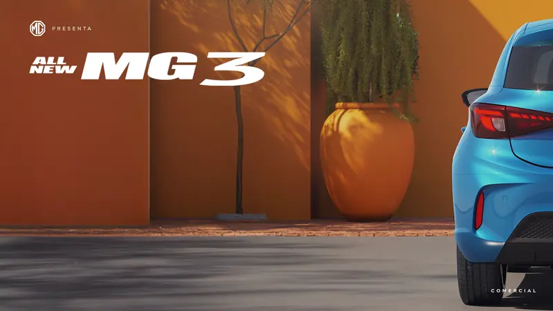 All New MG3 原始上市海报,橙色背景前是一辆蓝色汽车
