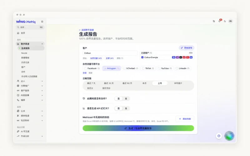 Wiwo.MetriQ 报告视图,用于选择品牌分析与时间段。