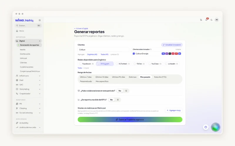Vista de reportes de Wiwo.MetriQ para seleccionar el análisis de una marca y un periodo.