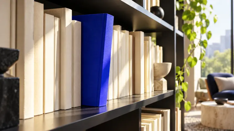 Imagen editorial conceptual: una biblioteca de libros claros con un volumen azul.
