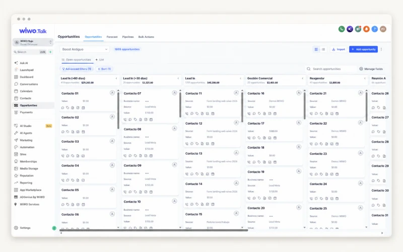 Wiwo.Talk pipeline with sales opportunities organized by stage.