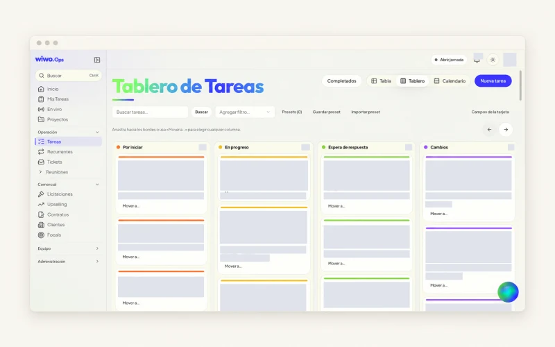 Tablero de tareas de Wiwo.Ops con estados y responsables para coordinar el trabajo.