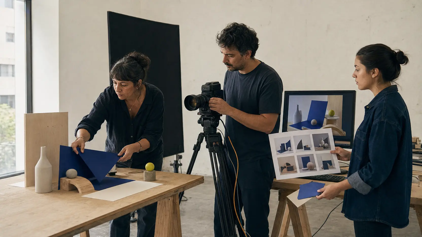 Equipo creativo editando una narrativa visual entre referencias, producción y prototipos