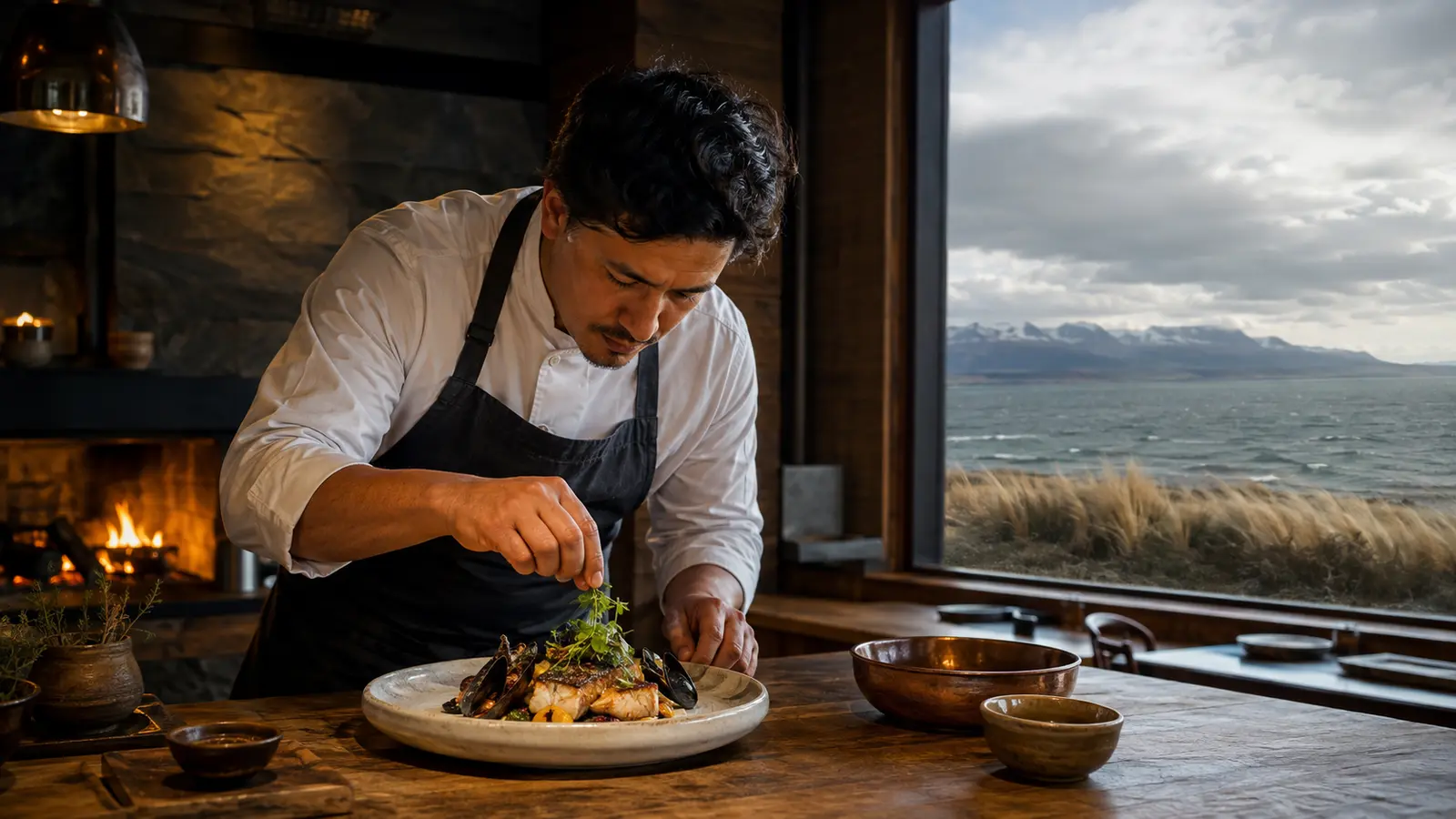 Composición editorial de un chef emplatando cocina patagónica frente al paisaje austral