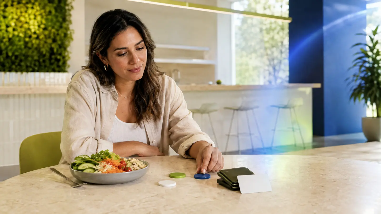 Composición editorial de una colaboradora eligiendo entre opciones de alimentación y bienestar financiero