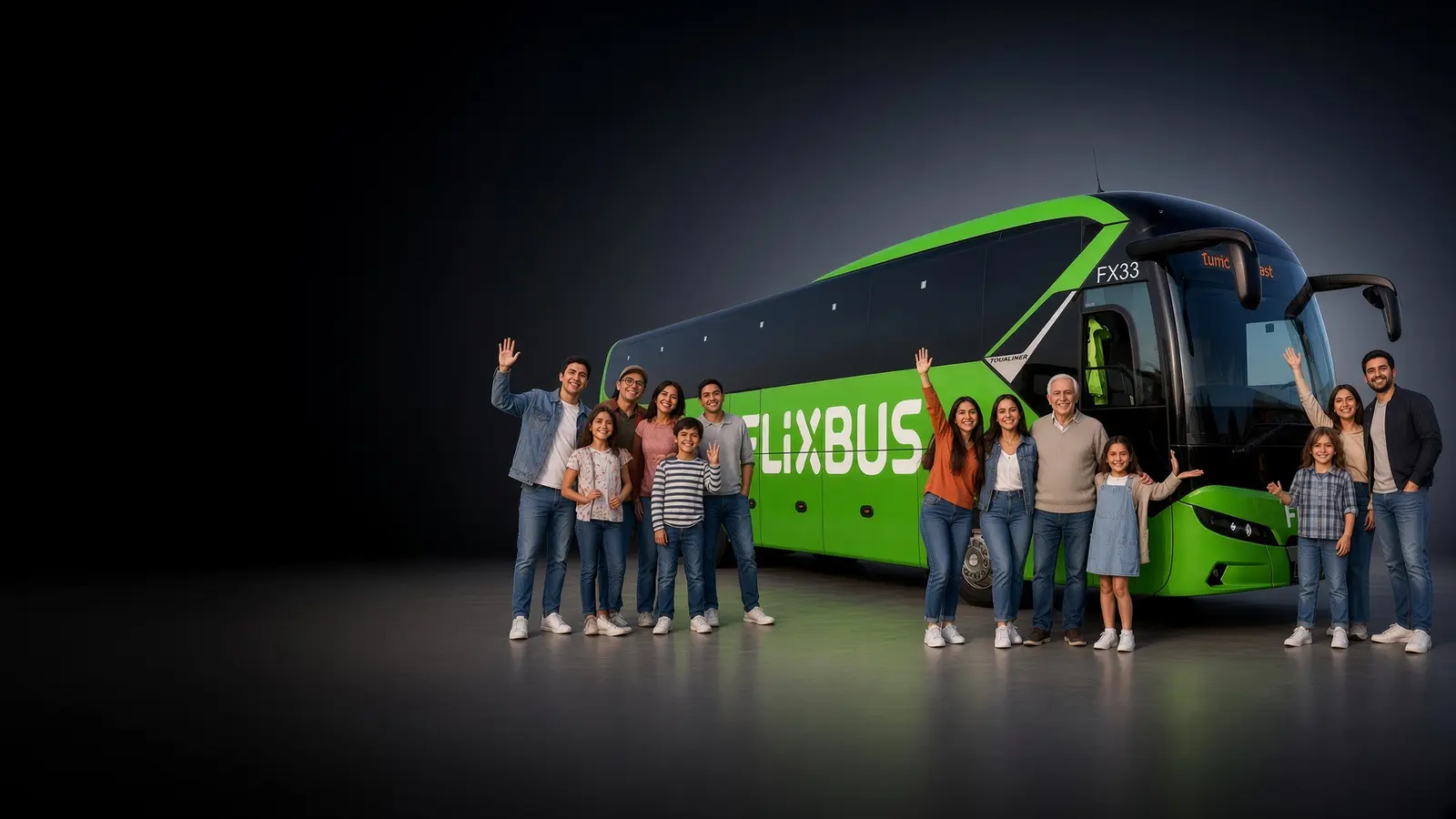 Composición editorial de un bus FlixBus junto a un grupo intergeneracional de pasajeros