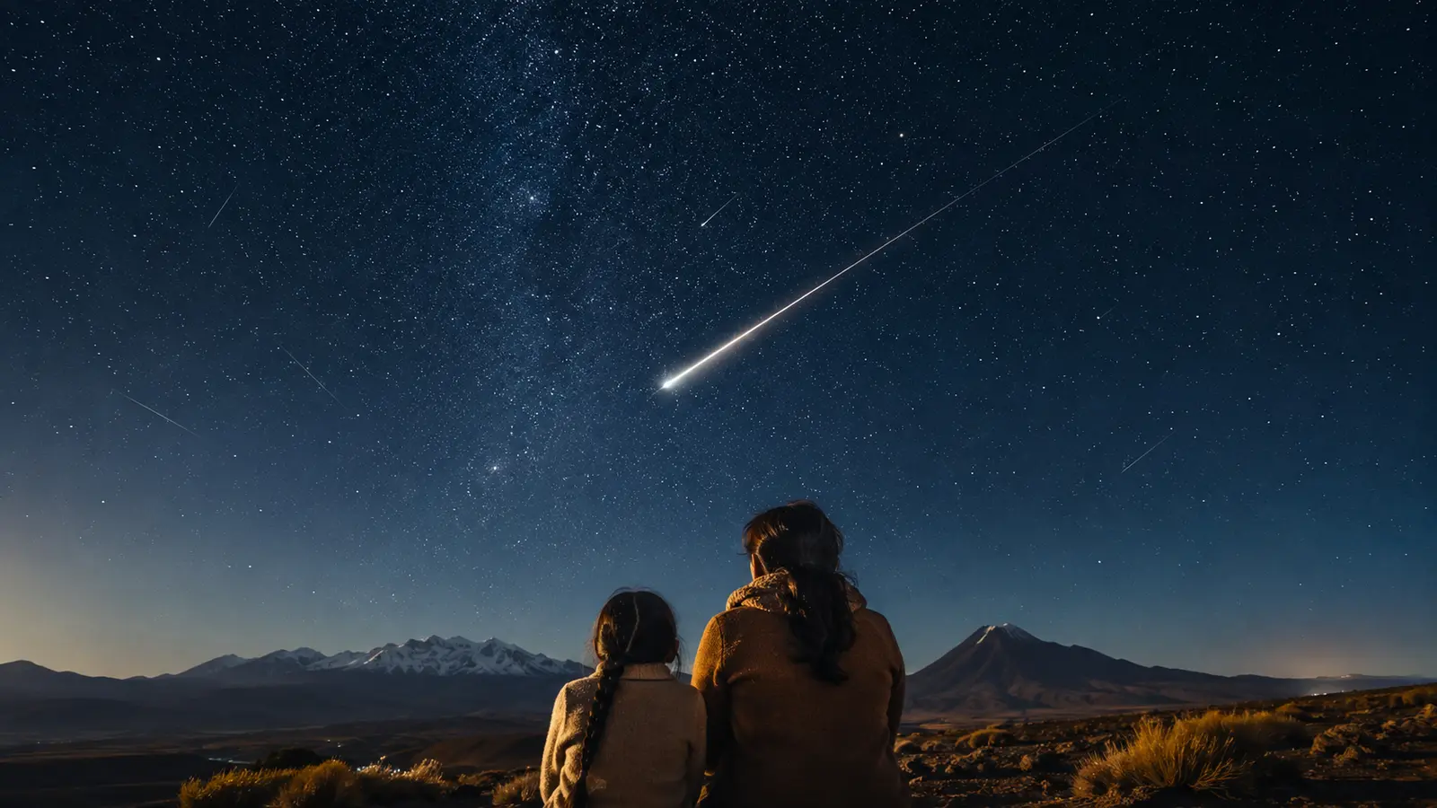 Composición editorial de una niña y una adulta contemplando una lluvia de estrellas sobre el paisaje andino chileno