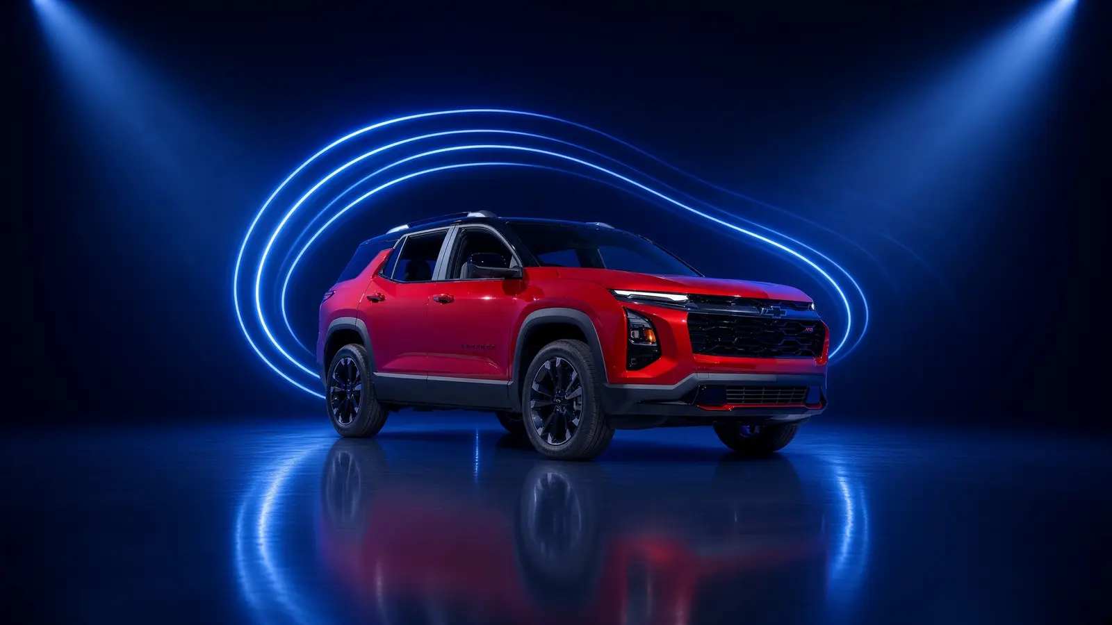 Composición editorial de un vehículo rojo en un escenario azul de iluminación continua