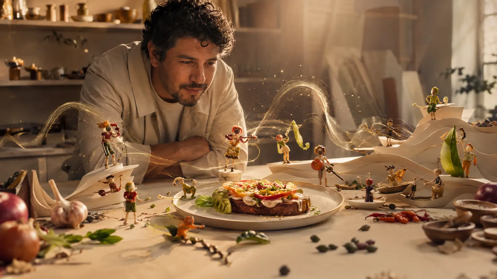 Composición editorial de un director creativo observando personajes hechos con ingredientes y luz