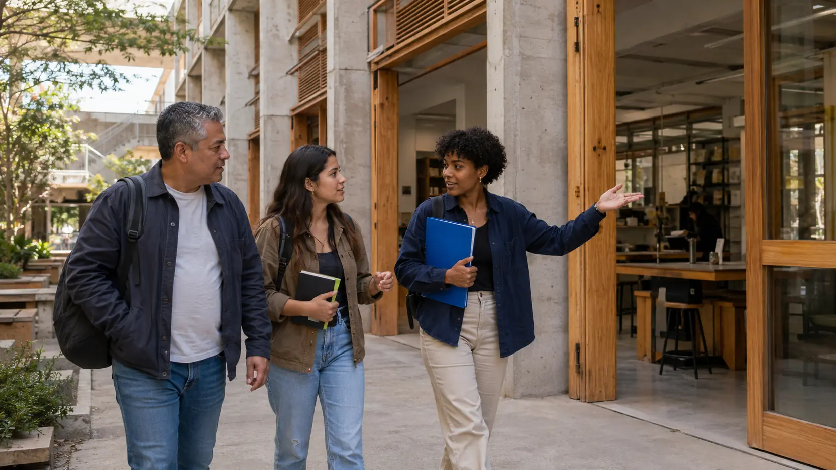 Familia y asesora académica recorriendo juntas un campus contemporáneo