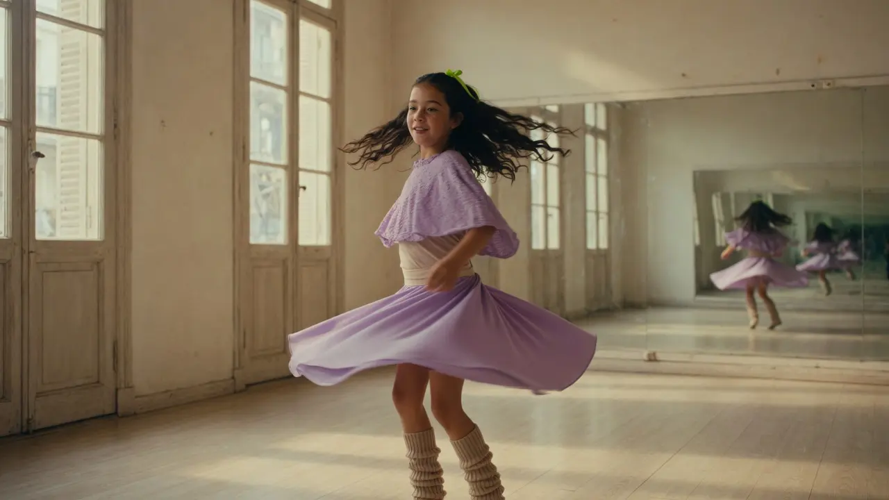 Niña bailando en una sala luminosa frente a un espejo