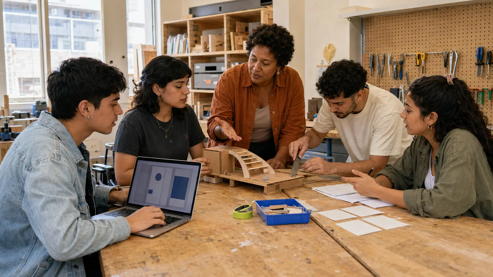 Estudiantes universitarios coordinando un proyecto entre prototipos, notas y un laptop