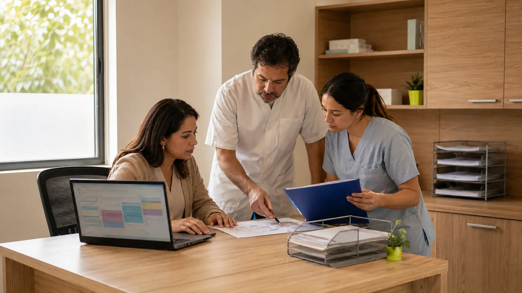 Equipo de salud coordinando una operación clínica con apoyo de tecnología