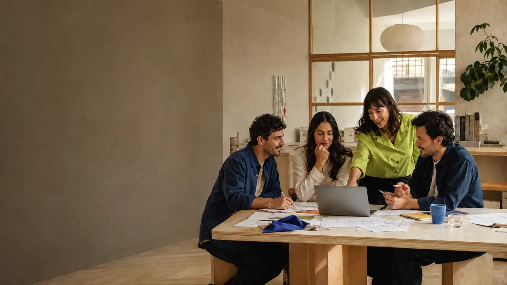 Equipo de Wiwo colaborando en un estudio contemporáneo con espacio editorial para el relato de la compañía