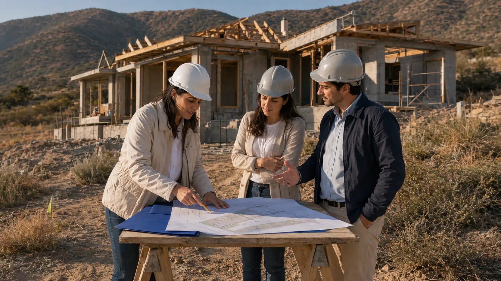 Representante de desarrollo y pareja compradora revisando un plano en una obra real