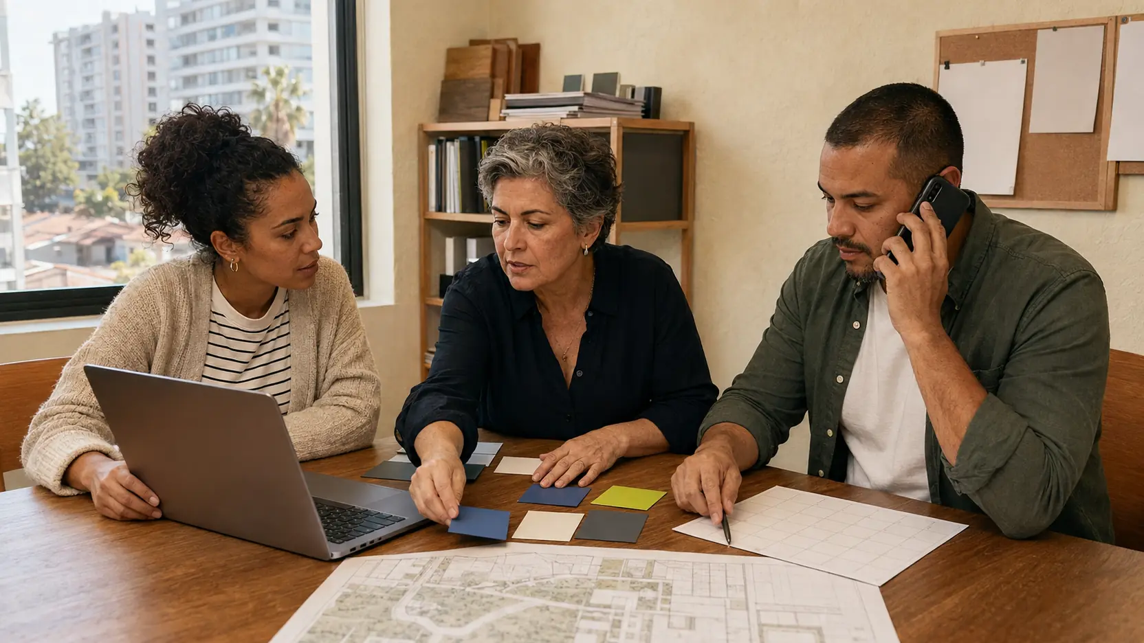 Equipo inmobiliario revisando proyectos y oportunidades en una operación conectada