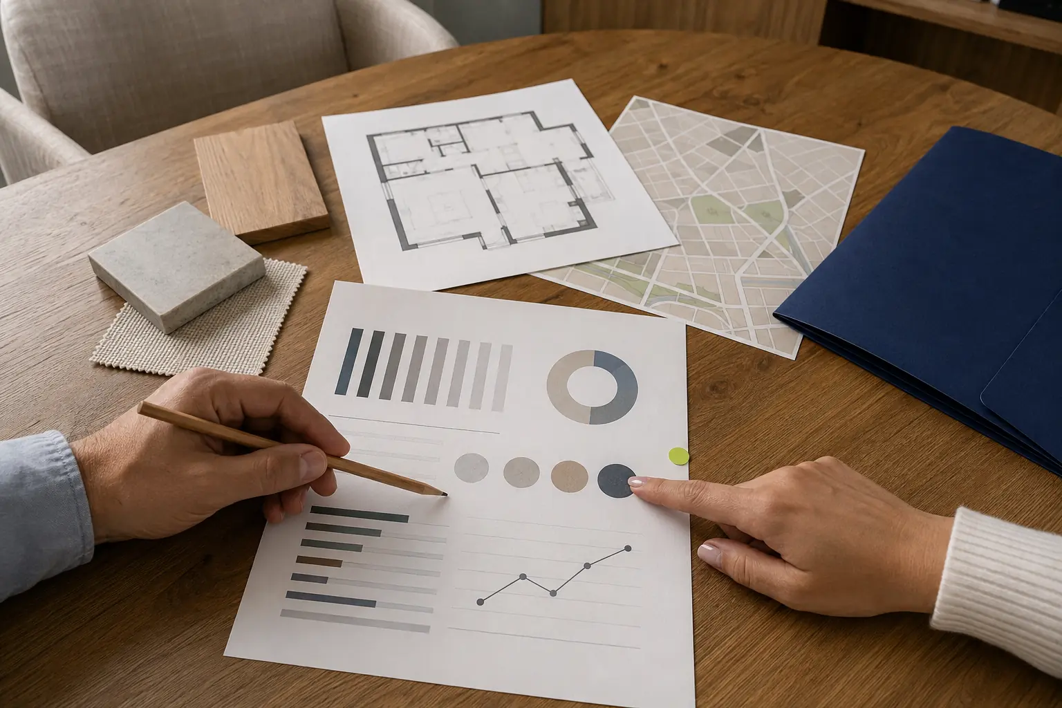 Manos revisando un plano, gráficos y materiales para tomar una decisión inmobiliaria
