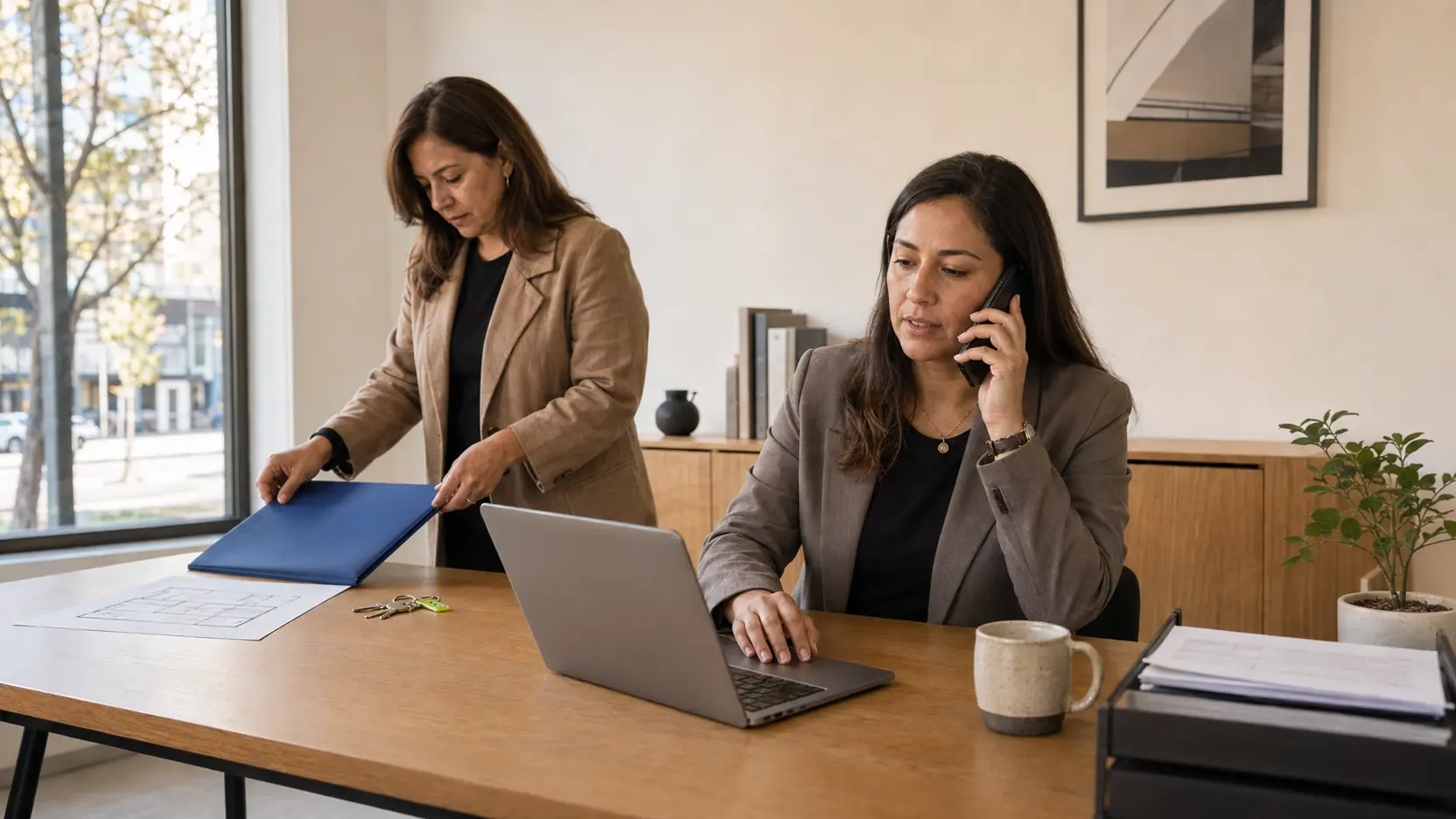 Asesoras coordinando una respuesta inmobiliaria entre un laptop, teléfono y antecedentes