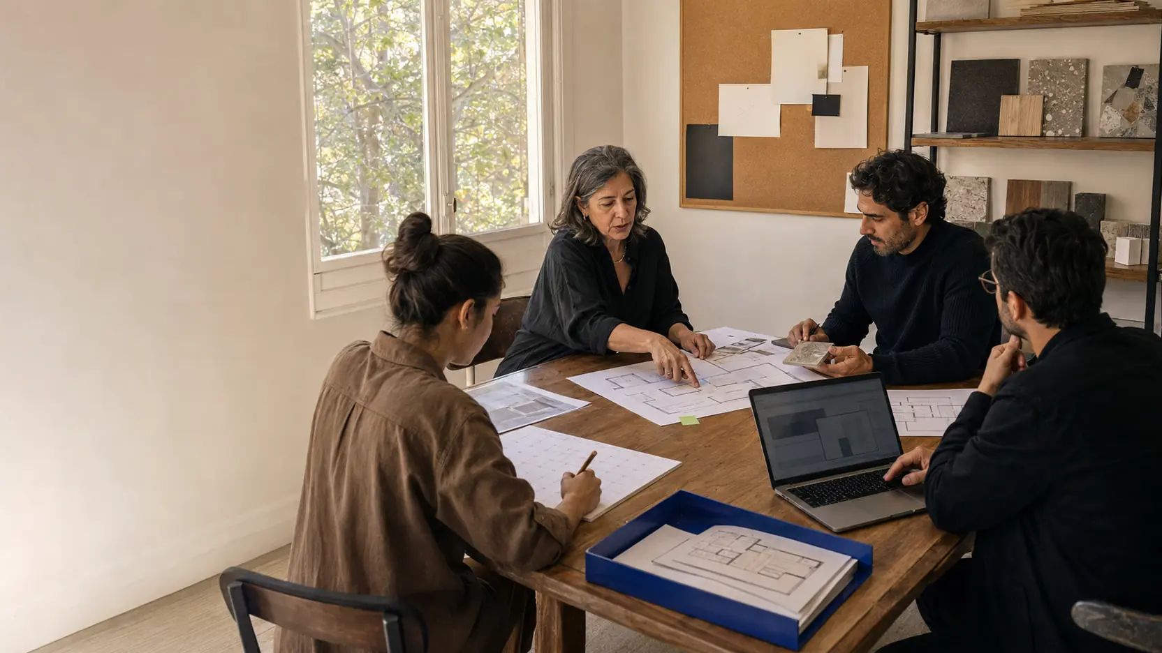 Equipo inmobiliario revisando en conjunto un proyecto y sus próximos pasos