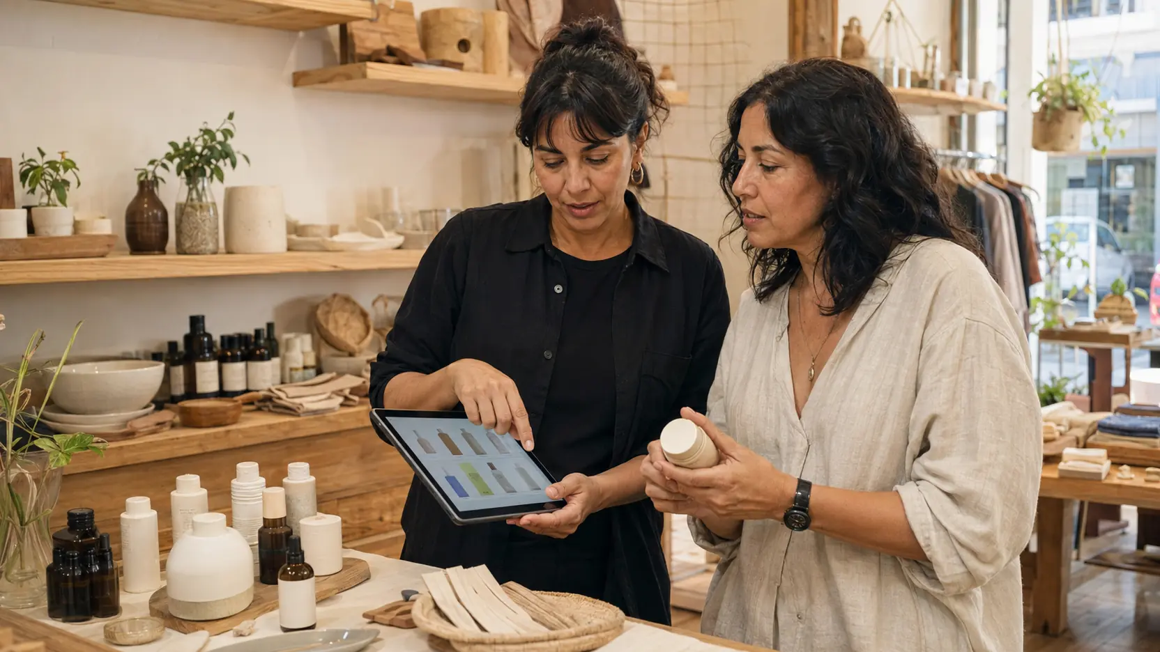 Vendedora acompañando una compra con producto, información y tablet