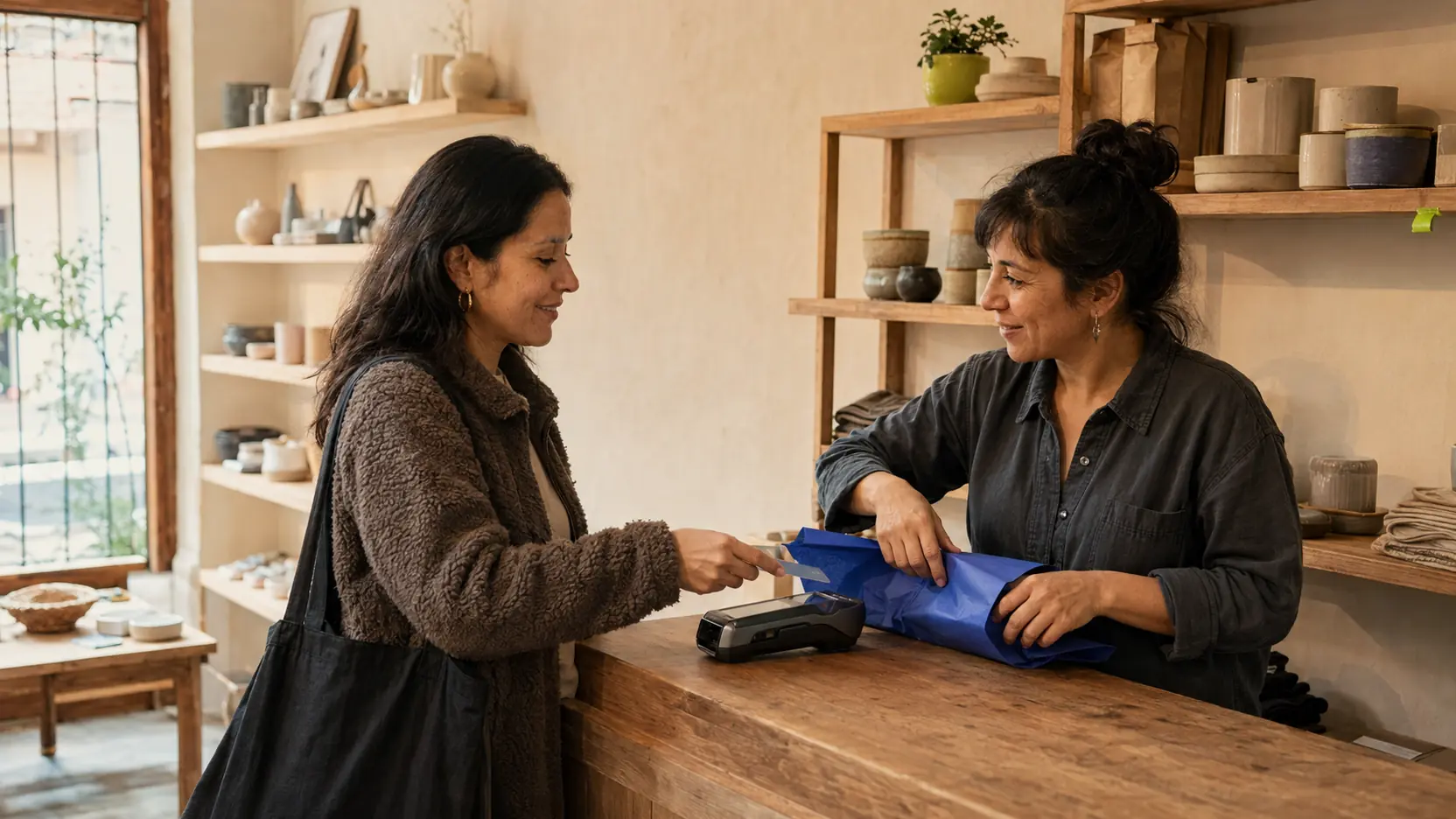 Vendedora y clienta completando una compra en un checkout convencional
