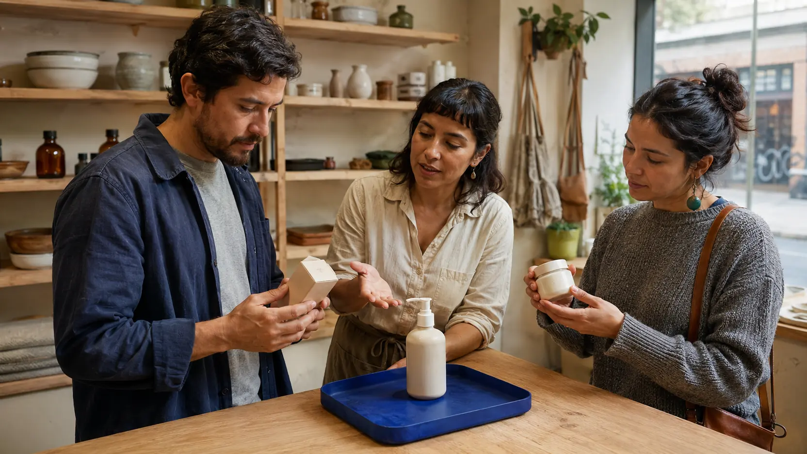 Clienta y especialista comparando productos físicos con información simple