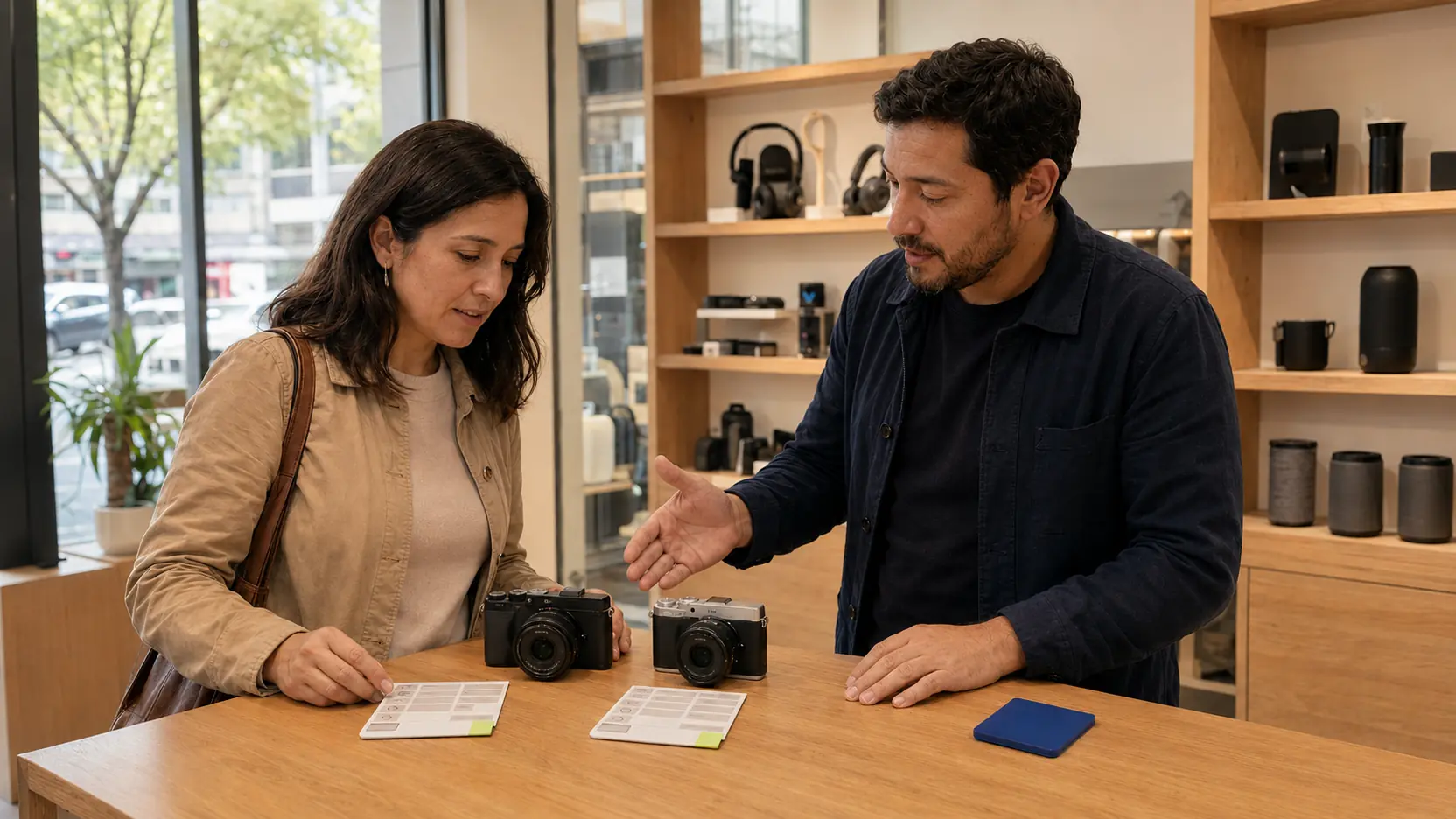 Clienta y especialista comparando dos cámaras sin marca en una tienda de electrónica