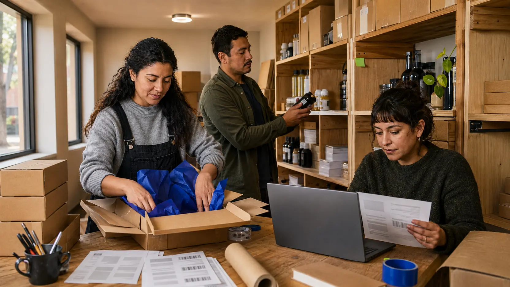 Equipo de una tienda preparando pedidos y verificando inventario al cierre