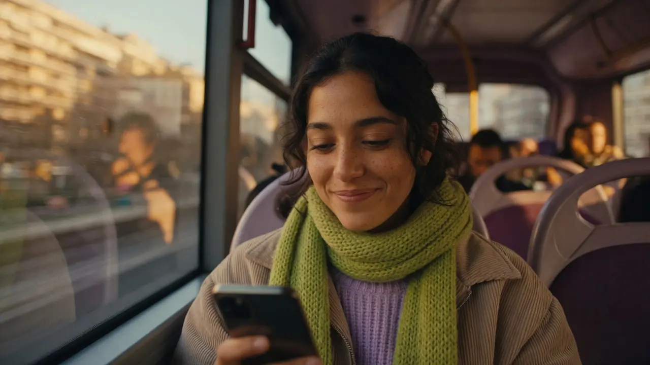 Mujer consultando una conversación desde su teléfono durante un trayecto urbano