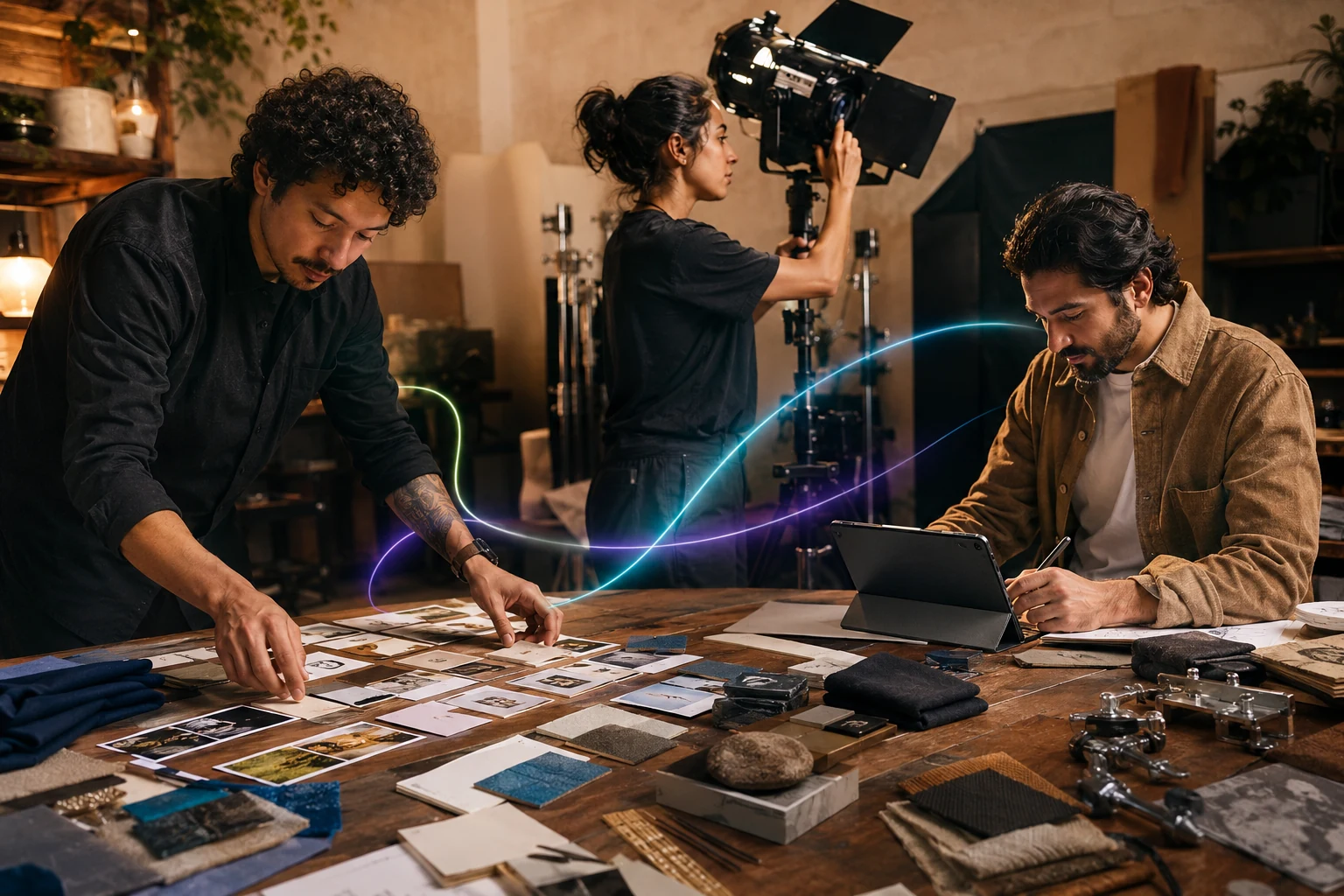 Equipo creativo dirigiendo herramientas inteligentes dentro de un estudio editorial